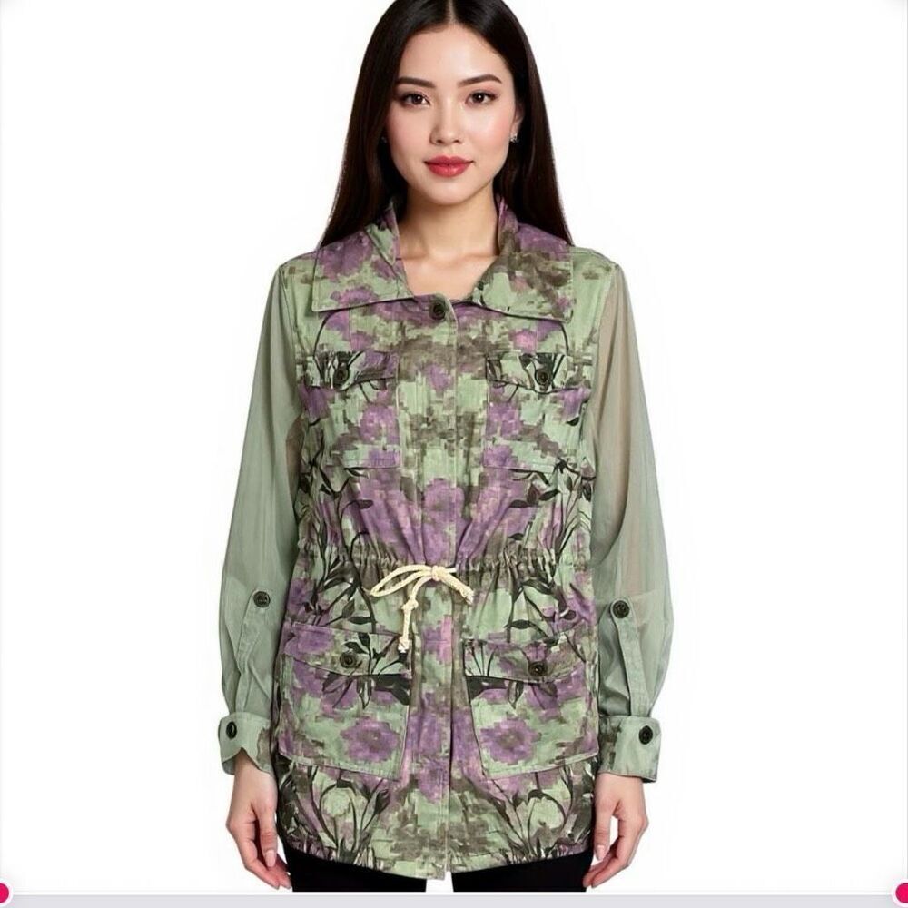 Leila Shams Pixel Military Feminine Sheer Sleeves & Hood Hard To Find Jacket